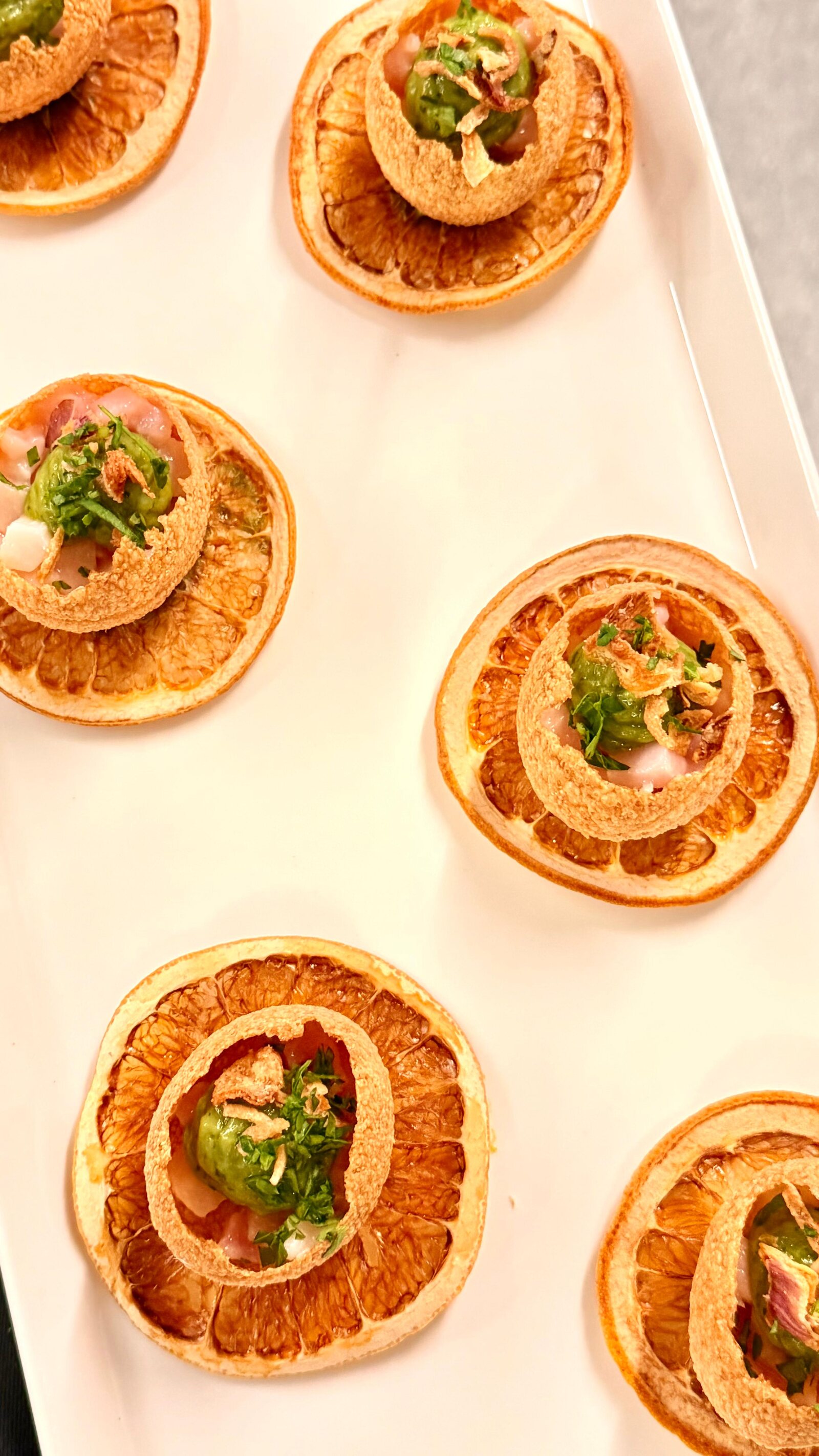 Ceviche bites on dried citrus wheels