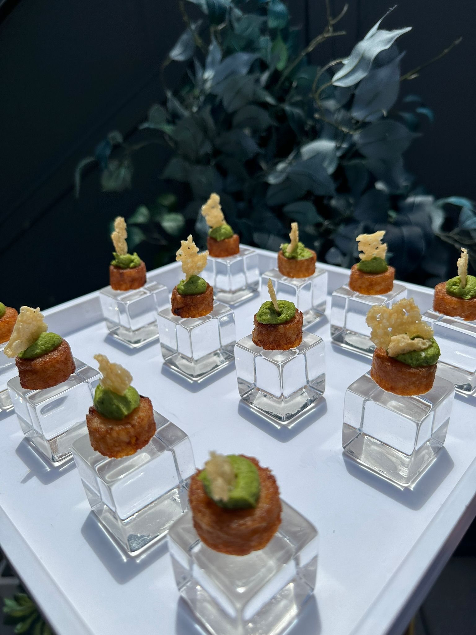 Canapes presented on individual glass cubes at an evening reception