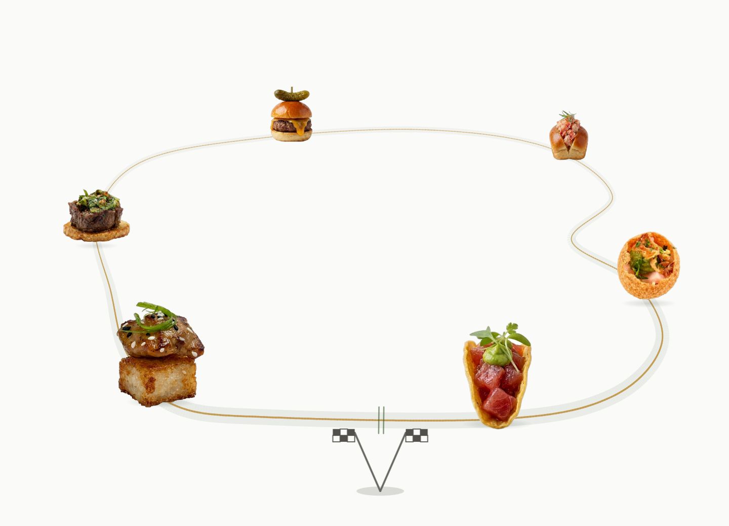 Illustrated gold racing circuit with six canapés spaced around the track and crossed checkered flags at the start line